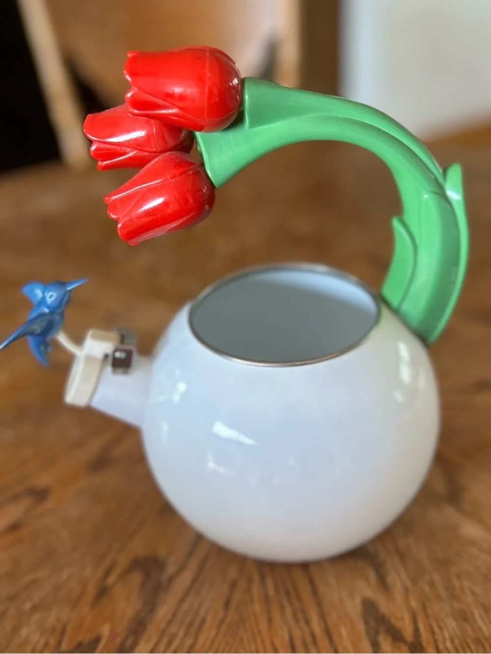 Vintage Via Ancona Tulip and Hummingbird White Enamel Teapot (Missing Lid)
